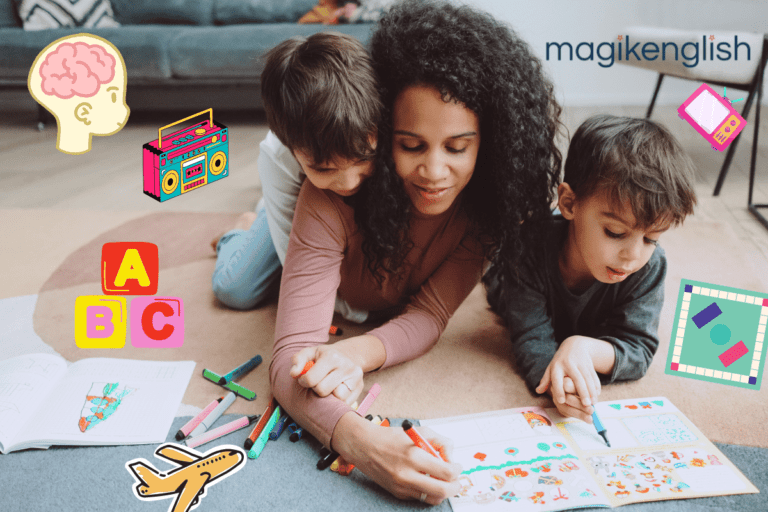 Une mère et ses enfants apprenant ensemble à travers des activités artistiques avec Magikenglish.